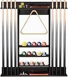 FoverOne Pool Cue Rack, Bamboo Wall Mount Pool Sticks Holder, Holds 8 Cues and Full Set of Balls, Pool Table Accessories Organizer for Billiard Room or Club - Dark Brown