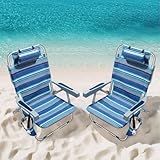 PASAMIC Backpack Beach Chairs for Adults 2 Pack Portable, Lay Flat Reclining Beach Chairs with 5 Positions, Tall Heavy Duty Folding Chair with Cup Holder, Cooler Pouch, Towel Bar, Blue Stripe