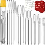 70Pcs Large Eye Hand Sewing Needles, Assorted Sizes Embroidery +4 Threaders | Rustproof Galvanized Steel, Grooved Tail, 4 Threaders Included for Embroidery, Leather Repair & DIY Sewing Projects