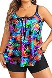 Daci Colorful Leaves Women Plus Size Tankini Swimsuit - 2 Piece Flowy Plus Size Bathing Suits and Shorts with Pockets 2025 20 Plus