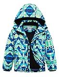 UMMTOM Boys Waterproof Ski Jacket Fleece Lined Warm Winter Snow Coat Hooded Winter Jacket for Kids(Green Geometry,11-12)