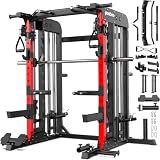 pooboo Power Cage Smith Machine with 2000LB Squat Rack Cable System