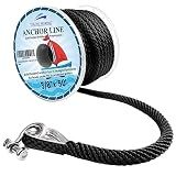 YOUNG MARINE Made 3/8 Inch 50FT 100FT 150FT Premium Solid Braid MFP Anchor Line Braided Anchor Rope/Line with Stainless Steel Thimble and Shackle, Black (3/8" x 50')