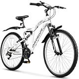 24/26 Inch Mountain Bike for Men & Women, 21-Speed Full Suspension MTB, High-Carbon Steel Frame, Quick Release Front Wheel, Dual Fenders, Easy Assembly, Trail & Commuter Bicycle (White, 24 Inch)