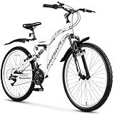 24/26 Inch Mountain Bike for Men & Women, 21-Speed Full Suspension MTB, High-Carbon Steel Frame, Quick Release Front Wheel, Dual Fenders, Easy Assembly, Trail & Commuter Bicycle (White, 26 Inch)