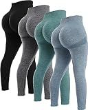 NORMOV 4 Piece Butt Lifting Workout Leggings for Women, Seamless Gym Scrunch Booty Lifting Sets(Black/Blue/Grey/Forest Green, M)