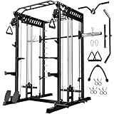 JELENS M21 Smith Machine, Multi-Function Power Cage with Dual Pulley Cable Crossover System, 2000LBS All-in-One Squat Rack with Smith Bar and Attachments (Black, M21 Home Gym Package)
