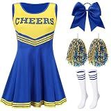 SATINIOR 4 Pcs Cheerleader Costumes for Women Adults Cheer Uniform Outfit for 2026 Halloween(Small,Blue and Yellow)