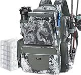 Piscifun Fishing Tackle Backpack with Rod Holder & 4 Tackle Boxes, Outdoor Gear Storage Tackle Bag with Protective Rain Cover, VEIL Camouflage