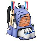MATEIN Youth Softball Backpack, Lightweight Baseball Bag for 4 Bats with Shoe Pocket & Ball Pocket, Large Capacity Catchers Backpack with Fence Hook for TBall Bat & Equipment, Helmet, Glove, Purple