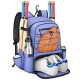 MATEIN Youth Softball Backpack, Lightweight Baseball Bag for 4 Bats with Shoe Pocket & Ball Pocket, Large Capacity Catchers Backpack with Fence Hook for TBall Bat & Equipment, Helmet, Glove, Purple