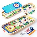 Miosea 3-in-1 Wooden Tabletop Game for Kids & Family - Educational Curling, Slingshot & Bowling Set - Screen-Free Indoor Fun, Ages 3+ Toddler Gift