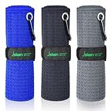 Jiskan Pro Golf Towel for Golf Bags Microfiber (16" X 16") with Hook, Loop Fastener and Gift Box, Essentials Accessories&Gifts for Men/Women Golfers (Black+Grey+Blue)