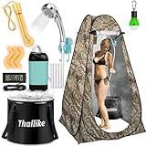 Thallike Portable Hot Shower for Camping Shower Tent Kit, 1000W Immersion Heater, Rechargeable Camping Shower Pump, Pop Up Shower Tent with 6.6 Gallons Folding Bucket for Adults Outdoor