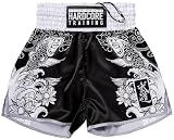 Hardcore Training Muay Thai Men Shorts Japanese Cortoon Kick Boxing MMA Combat Trunks Cage Fightm Sport Sparring (US, Alpha, Medium, Regular, Regular, White Black)