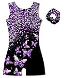 Vogseek 7-8 Years Girl's Gymnastics Leotards with Hair Scrunchie Girl Sparkle Dance Unitards Purple Butterfly's Glitter Active Biketards with Shorts for Kid Cute Tumbling Dance Outfit, Black