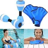 Seenelling Blue Water Aerobics Set for Adults Neoprene Swim Gloves 2 Foam Aquatic Dumbbells Pool Exercise Equipment Water Weights for Aquatic Fitness Low Impact Pool Workouts