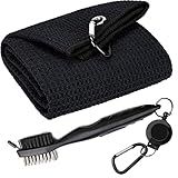 Aebor Golf Towels, Microfiber Waffle Pattern Tri-fold Golf Towel - Brush Tool Kit with Club Groove Cleaner, with Clip Men Women Golf Gifts (Black Towel+Black Brush)