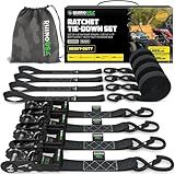 Rhino USA Ratchet Straps Heavy Duty Kit (4-Pack) - 1.6 Inch x 8 Feet Min Break Strength (5,000) - Ultimate Tie Down Straps with Safety S Hooks for Trucks, ATV, UTV, Motorcycle, Cargo & More - Black