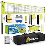 32ft/16ft Outdoor Volleyball Net Set for Backyard, Beach, Grass, All-Weather & Easy Setup with 4 Height Adjustable Poles, Anti-Sag Net, Volleyball, Portable Carry Bag, Premium Packaging