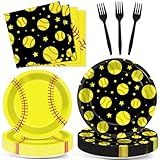 96Pcs Softball Birthday Party Decorations Paper Plates and Napkins Sets Sports Theme Dessert Disposable Tableware Black Yellow Softball Plates Supplies Team Sport Party Gifts Favors for 24 Guests
