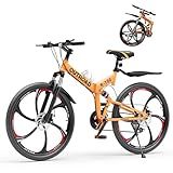 Brightpeak 26" Foldable MTB – 21-Speed Full Suspension, High-Carbon Steel Frame, Dual Disc Brakes & Quick-Release Tires – Adults & Teens (Orange)