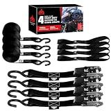 Jack Boss Ratchet Tie Down Straps Set,1500 lbs Break Strength, 1" x 15' Heavy Duty Ratchet Straps with 4X Soft Loops Padded Handles Coated S Hook, Fits for Moving Appliances Motorcycle ATV Truck,Black