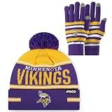 FOCO Minnesota Vikings NFL Stretch Glove & Big Wordmark Stripe Pom Beanie - Bundle Team Color