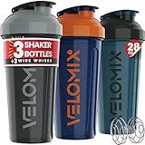 VELOMIX -3 PACK- 28 oz Protein Shaker Bottle for Protein Mixes - 3x Wire Whisk | Leak Proof Shaker Cups for Protein Shakes | Stackable Protein Shaker Bottle Pack | Dishwasher Safe (ColorBurst Set)