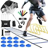 GHB Agility Ladder,Football Training Equipment Set,4 Agility Hurdles, 20 feet12 Rungs Speed Ladder,12 Disc Cones,Resistance Parachute, Jump Rope, 4 Resistance Bands (Blue)