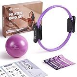 LIONSCOOL Pilates Ring Set (Purple) - 14" Anti-Deformation Magic Circle with Padded Handles, 9" Mini Ball, Elastic Latex Resistance Bands, Guide & Bag