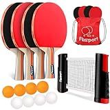 FBSPORT Ping Pong Paddle Set, Table Tennis Set with 4 Rackets and 8 Balls, Retractable Net with Storage Bag - Pingpong Paddle Accessories for Indoor/Outdoor Games