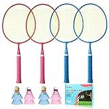 PULEEBO Kids Badminton Racket Set - Children Beginner Family Outdoor Camping Badminton Sport Game Steel Alloy Badminton Racket Including 4 Rackets 8 Shuttlecocks 1 Storage Bag
