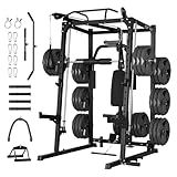 GarveeLife Smith Machine, 2000LBS Squat Rack for Home Gym, Multi-Function Power Cage Cable Crossover System Strength Training Equipment, Lat Pulldown Machines with 8 Weight Storage Pin, T-Bar and More