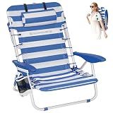 SONGMICS Portable Backpack Beach Chair, 331 lb Capacity, 4 Angles Adjustable Backrest, 2 Side Pockets, Towel Bar, Blue and White UGCB62BU