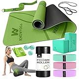 Yoga Starter Kit 12 in 1 - Mat, Blocks, Foam Roller, 4 Resistance Bands With Strap, 2 Peanut Massage Balls for Women & Men, Beginners
