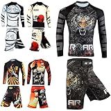 ROAR-INT 2Pcs No Gi BJJ Men Rash Guard Set, MMA Shorts Grappling Jiu Jitsu Gym Training Athletic Muay Thai Compression Set (Dragon, Large)