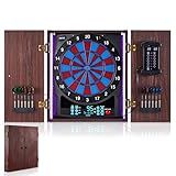 Electronic Dart Board with Cabinet Set, Electric Digital Dart Boards for Adults with Light Strips, Soft Tip Dartboard Cabinet Door with Large Cricket Display and Darts Storage for 12 Darts