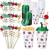 Remerry 36 Set Football Party Favors Goodie Cups with Lids and Spiral Straws 16 oz Reusable Sports Plastic Tumblers Candy Cups for End of Season Team Gifts Birthday Party Supplies