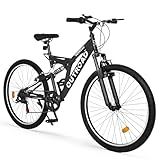 Max4out 26 inch Mountain Bike, Outdoor Hybrid Bikes,7-Speed/High-Carbon Steel/Dual Full Suspension, for Men Women Adult, MTB Bicycle with Suspension Fork,Sleek Colors(Black)