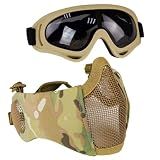 AOUTACC Airsoft Protective Gear Set, Half Face Mesh Mask with Ear Protection and Tactical Goggles for Adult Men Women BBS Paintball Shooting CS Survival Games Cosplay (MC02)