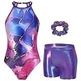 Zaclotre Girls Dance Leotards Sparkly Sleeveless Activewear Leotard Gymnastics Outfit with Shorts Purple Marble 7-8Y
