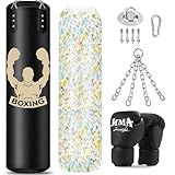 Filled Punching Bag for Adults, 4FT PU Leather Hanging Bag with 11lb Sponge Filler, Come with 12OZ Gloves, Kicking Bag Heavy Bag Boxing Equipment for Training Karate Kickboxing Home Gym
