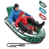 QPAU 2-Person Inflatable Snow Sled with Premium Canvas Cover, Heavy Duty Sled with Backrest & Reinforced Handles, Snow Tubes for Kids & Adults, Winter Inflatable Toys (Green)