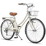 AVASTA 26 Inch Hybrid Bike, Lightweight Step-Through High Tensile Steel Frame for City Commuting, 6 Speed Comfort Bicycle with Metal Basket in Elegant Beige with Stylish Black Tires for Woman Female