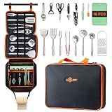 GAIALOOP Camping Cooking Utensils Set 16 PCS Camp Kitchen Cookware Kit with Organizer Bag, Portable RV Camping Essentials Camper Must Haves for Cookouts Open Fire Pit