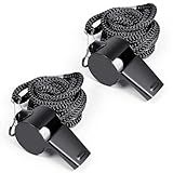 Qulkws 2 Pack Whistle Stainless Steel Coaches Whistle with Lanyard Loud Crisp Sound Referee Sports Whistles for Football Basketball Soccer School Referees Coaches Lifeguard Emergency(Black)