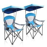 ALPHA CAMP Heavy Duty Canopy Camping Chair, 350 lbs Capacity Oversized Folding Chair with Adjustable Sunshade, Portable Sunshade Chair with Cup Holder for Beach, Fishing, Outdoor,2PC, Enamel Blue
