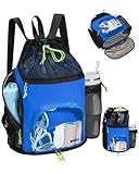 WANDF Swim Bag with Wet Pockets, Sandproof Beach Backpack with 40oz Tumbler Side Pockets, Mesh Drawstring Backpack Swim Bag for Swimming, Pool, Gym and Workout Gear (Blue)
