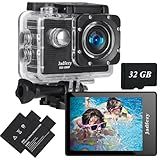 Jadfezy Action Camera FHD 1080P with 32GB Card, 98FT/30M Underwater Waterproof Camera with 2 Rechargeable Batteries, Wide Angle Sports Camera with Accessories Kit Suitable for Helmet, Bicycle, etc.